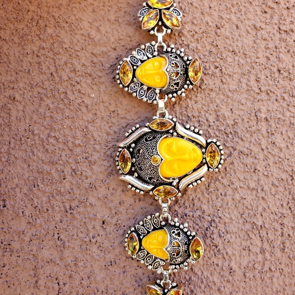 New Carved Yellow 3 Goddess Face Citrine 925 Silver Bracelet. - Picture 6 of 16